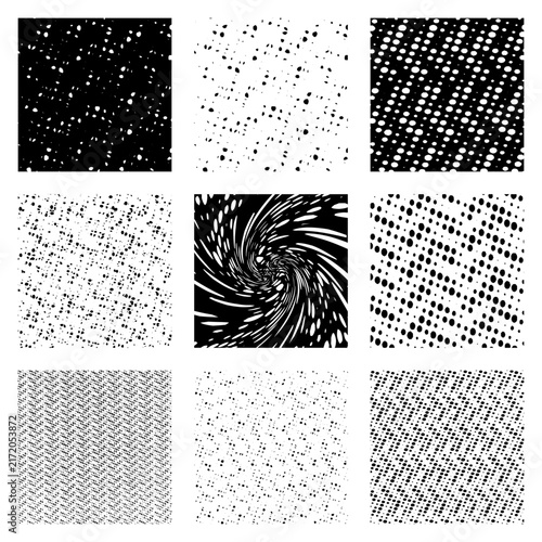 Versatile vector collection of 9 halftone grunge textures. Abstract set featuring screen print dots, distorted grids, swirl patterns, and herringbone noise for vintage design.