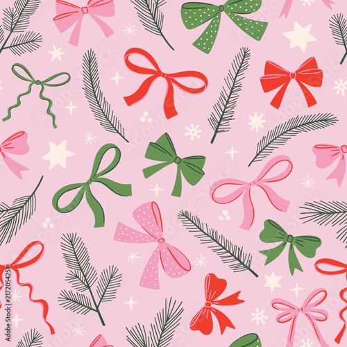 Obraz na plátně Coquette Christmas bow seamless pattern