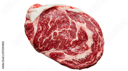 Quadro su tela Raw marbled beef ribeye steak with white fat marbling, isolated on transparent b