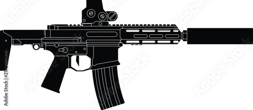 Bild auf Leinwand Black vector silhouette illustration of a Honey Badger suppressed rifle featuring white detailed interior line work