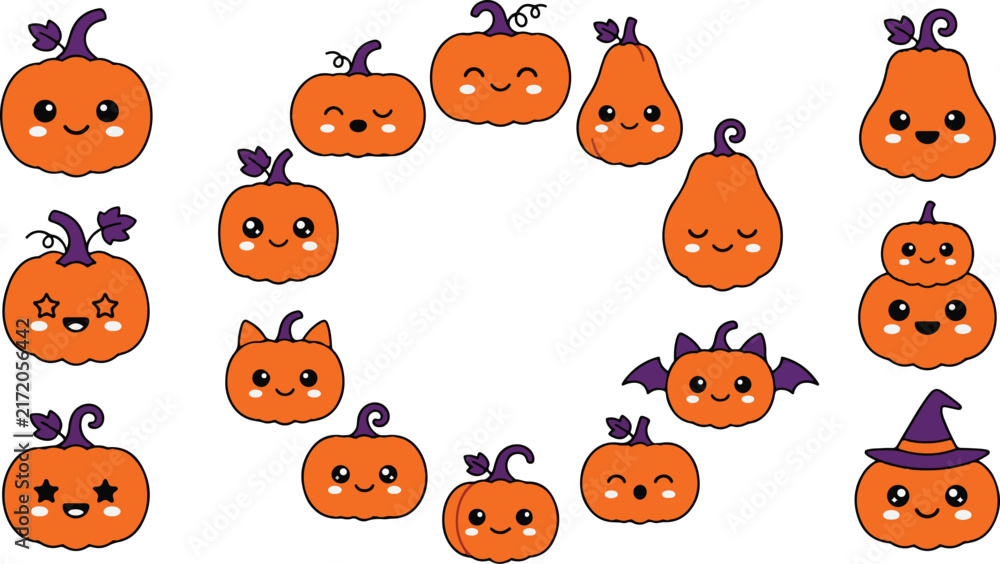 Fototapeta premium Cute Halloween pumpkin characters set with kawaii expressions and funny costumes vector illustration.