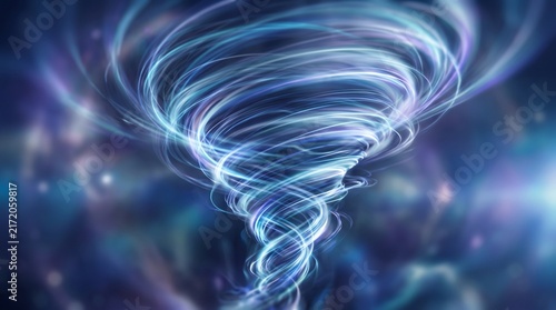 A digital art illustration of a glowing blue ethereal energy vortex or swirling wind funnel against a dark, abstract cosmic background with bokeh light particles.