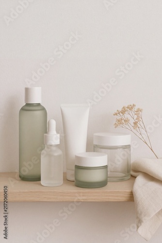 Minimalist Frosted Green Skincare Set Wooden Shelf Studio