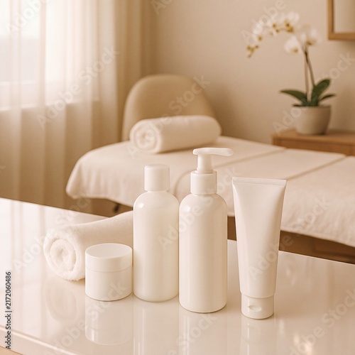 White Cosmetic Skincare Bottles Spa Treatment Room Counter