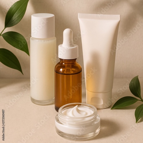 Natural Skincare Cosmetics Set Open Cream Jar Leaf Studio