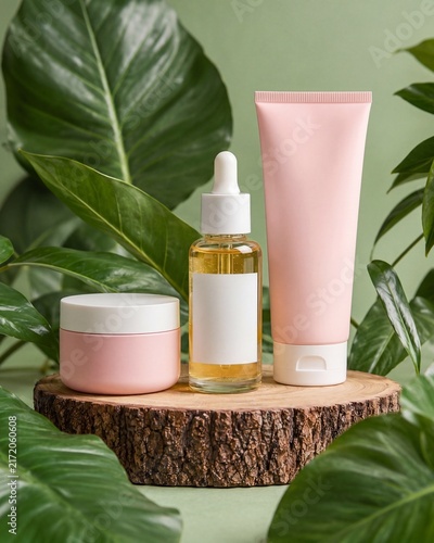 Pink Skincare Set Wood Slice Monstera Leaves Studio