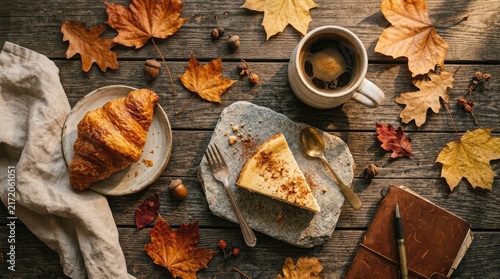 Celebrating international coffee day with a cozy autumn scene a warm beverage delicious pastry and cheese surrounded by vibrant fall foliage creating a perfect