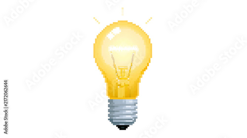 Pixelated glowing incandescent light bulb, isolated on transparent background