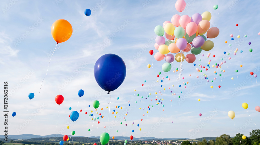 Obraz premium Colorful balloons float serenely against a vast, cloudy sky, symbolizing joy, celebration, and freedom as they ascend.