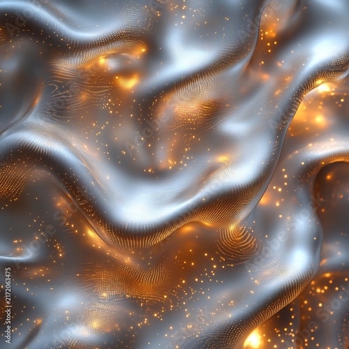 Microscopic View of Metallic Silver Crystalline Structures with Golden Luminescent Energy Points and Mesh