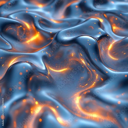 High Contrast Blue Liquid Surface with Glowing Orange Highlights and Intricate Textured Wave Patterns