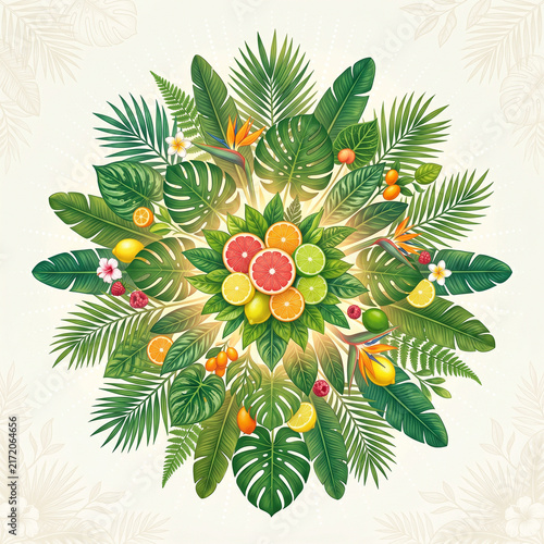Tropical Circular Frame Vector Illustration with Citrus Fruits Palm Leaves Monstera and Exotic Flowers