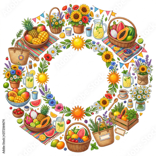 Summer Picnic Wreath Vector Illustration with Tropical Fruits Lemonade Baskets and Wildflowers