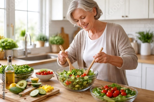 Senior woman smiling while tossing a vibrant bowl of fresh salad with various organic vegetables and olive oil in a bright, modern kitchen, promoting healthy eating and a balanced lifestyle