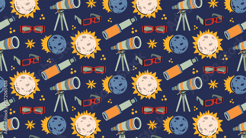 Vector cartoon seamless pattern with colorful telescopes, sun, moons and solar eclipse, stars, comets, observation glasses, cosmic objects and astronomy elements. Cute template for design and printing