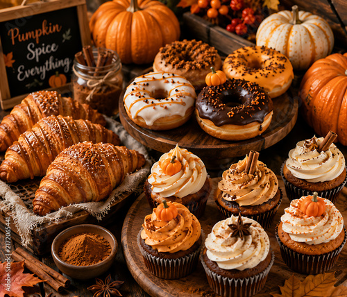 Pumpkin Spice Bakery Assortment with Croissants, Donuts and Cupcakes for Autumn