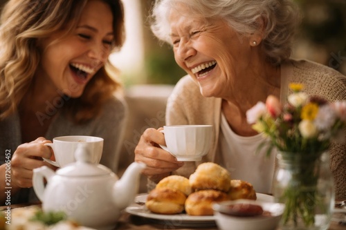 Two generations of women are sharing a joyful moment and a warm laugh over cups of tea and scones, showing strong family bonds and happy relationships