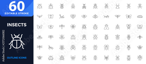 Insect Outline Icons Set with Ant, Mosquito, Butterfly, Spider, Bee, Beetle, Dragonfly, Pest Control, Wildlife, Biology, Nature, Zoology, and Educational. Editable stroke outline icon.
