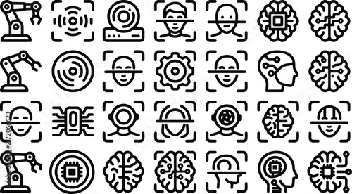 Artificial intelligence and machine learning line icons set including neural network, face recognition, and robotics technology symbols