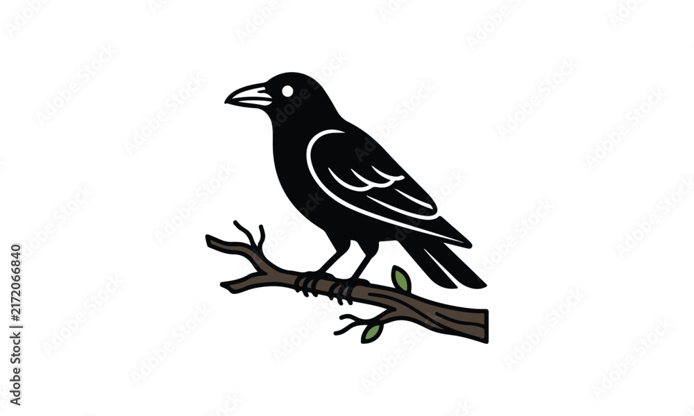 Fototapeta premium Black crow perched on a tree branch illustration on white background