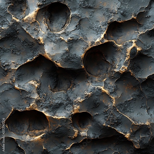 Macro view of dark volcanic rock texture with golden mineral veins and deep circular craters