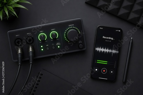 Modern audio interface with glowing green lights connecting to a smartphone screen displaying a waveform during a sound recording session, capturing creative audio content