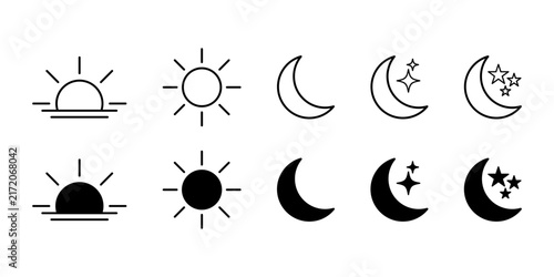 Obraz na płótnie Minimal line and solid sun and moon icons collection for weather applications, mobile interface, and user experience design