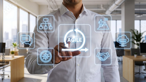 Agile Project Management Business Concept with Digital Workflow, Team Collaboration, Software Development, Sprint Planning, Productivity, Innovation, Task Management and Corporate Strategy
