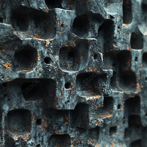 Weathered dark stone wall with deep porous cavities and orange oxidation mineral deposits