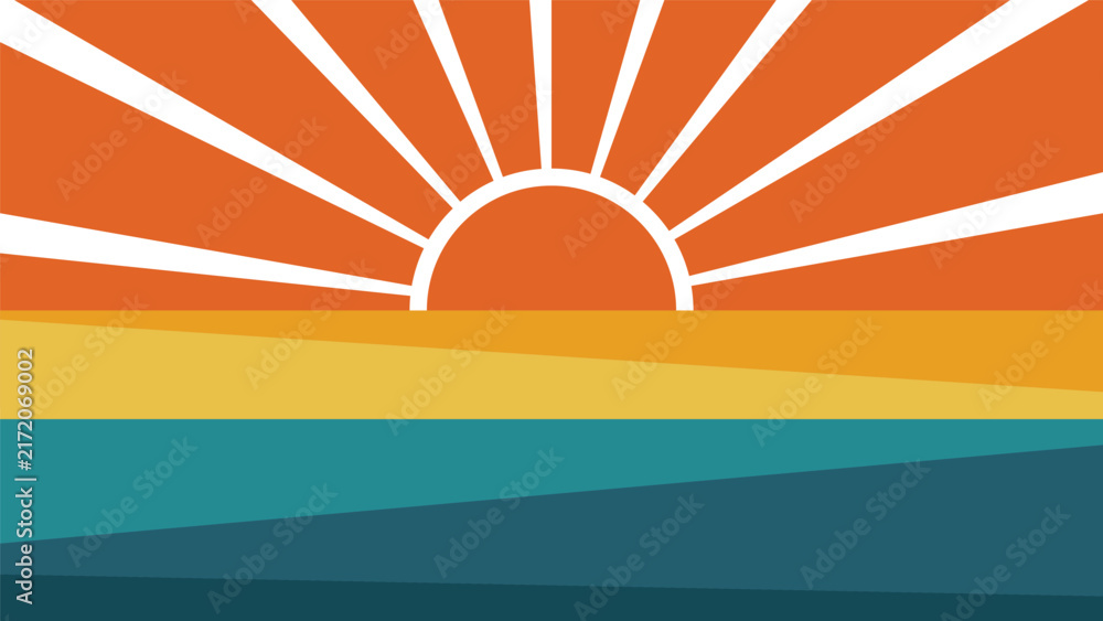 Fototapeta premium flat sunset landscape vector background with warm glowing sun rays