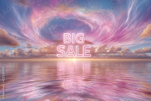 Big sale pink neon sign with dreamy pastel sky and reflective water background