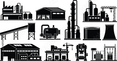 Industrial Factory Silhouette Collection Featuring Manufacturing Plants Machinery Tanks and Power Infrastructure