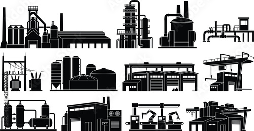 Industrial Factory Silhouette Collection with Manufacturing Plants Machinery Power Facilities and Engineering Structures