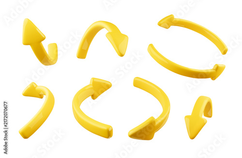 3d set of yellow round arrows. .Infographic or business concept. Arrows pointing in different directions. Vector illustration isolated on white background.