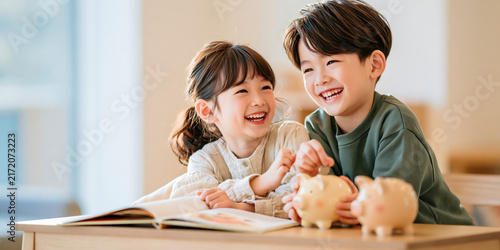 Happy siblings learning together with wealth and protection at home