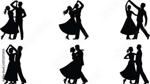 Foto A collection of black silhouettes featuring couples dancing together in various