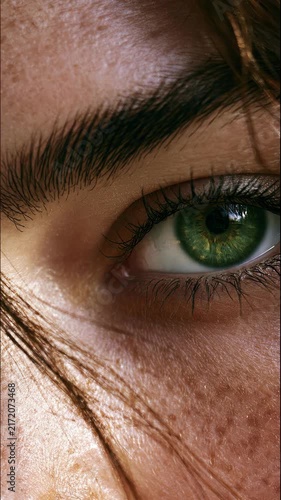 Extreme close-up of a vibrant green human eye with detailed iris and lashes