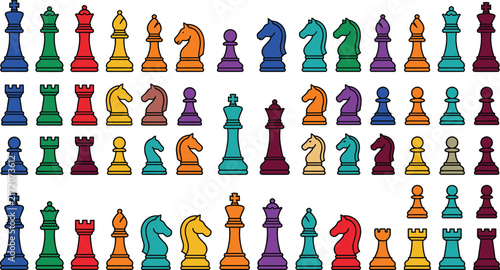 Картината върху платно Colorful chess pieces game and strategy editable vector illustration set featuri
