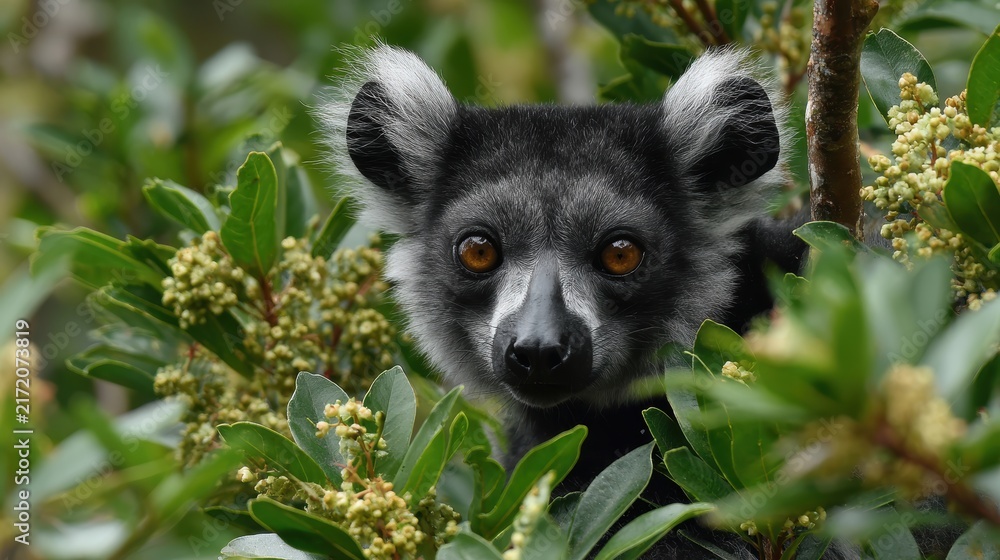 Naklejka premium A striking black-and-white ruffed lemur peers out from lush foliage, its amber eyes and distinctive markings capturing the essence of Madagascar's unique wildlife