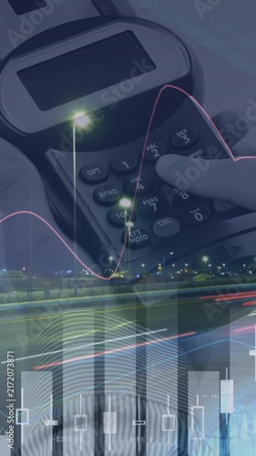 Animation of financial data over hand of man with payment terminal and timelapse of traffic