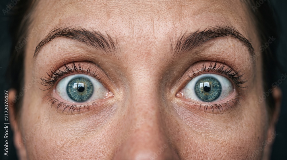 Fototapeta premium Extreme close up of woman with wide open blue eyes showing surprise shock or fear on her face