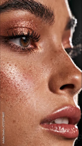 Close-up of a woman's eye with shimmering copper eyeshadow and freckles