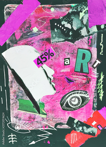 Canvastavla Handmade mixed media collage background featuring torn paper, vintage magazine cutouts, abstract shapes, eye illustration, typography ART and textured paper elements