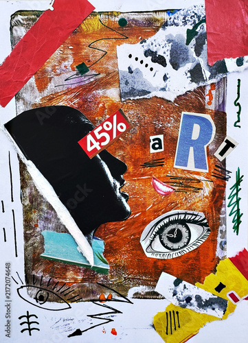 фотографія Handmade mixed media collage background featuring torn paper, vintage magazine cutouts, abstract shapes, eye illustration, typography ART and textured paper elements