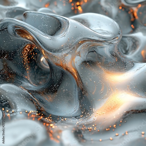 Translucent glass wave structure with internal air bubbles and glowing orange particles in dark space