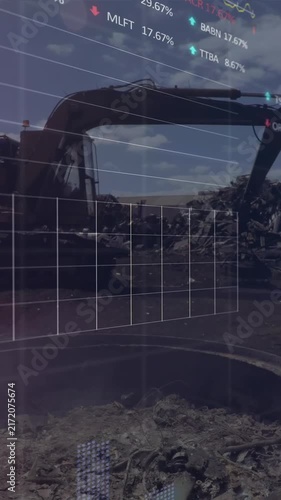 Animation of graphs, trading boards, smoke from burning scrap, crane in junkyard against cloudy sky