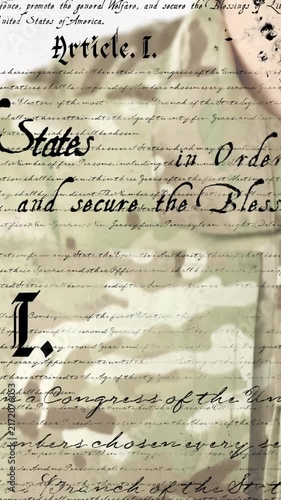 United States Constitution text over military personnel in camouflage uniform