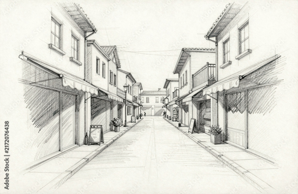 Fototapeta premium Architectural Sketch of a European Pedestrian Street with Shops and
