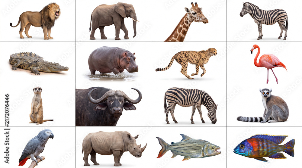 Fototapeta premium Mega set of African animals and safari wildlife including lion, elephant, giraffe, zebra, cheetah, rhinoceros, and meerkat isolated on white background.