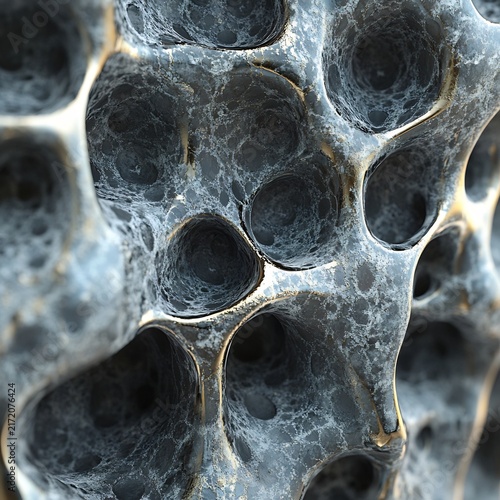 Complex organic cellular structure with porous voids and metallic gold accents on dark surfaces